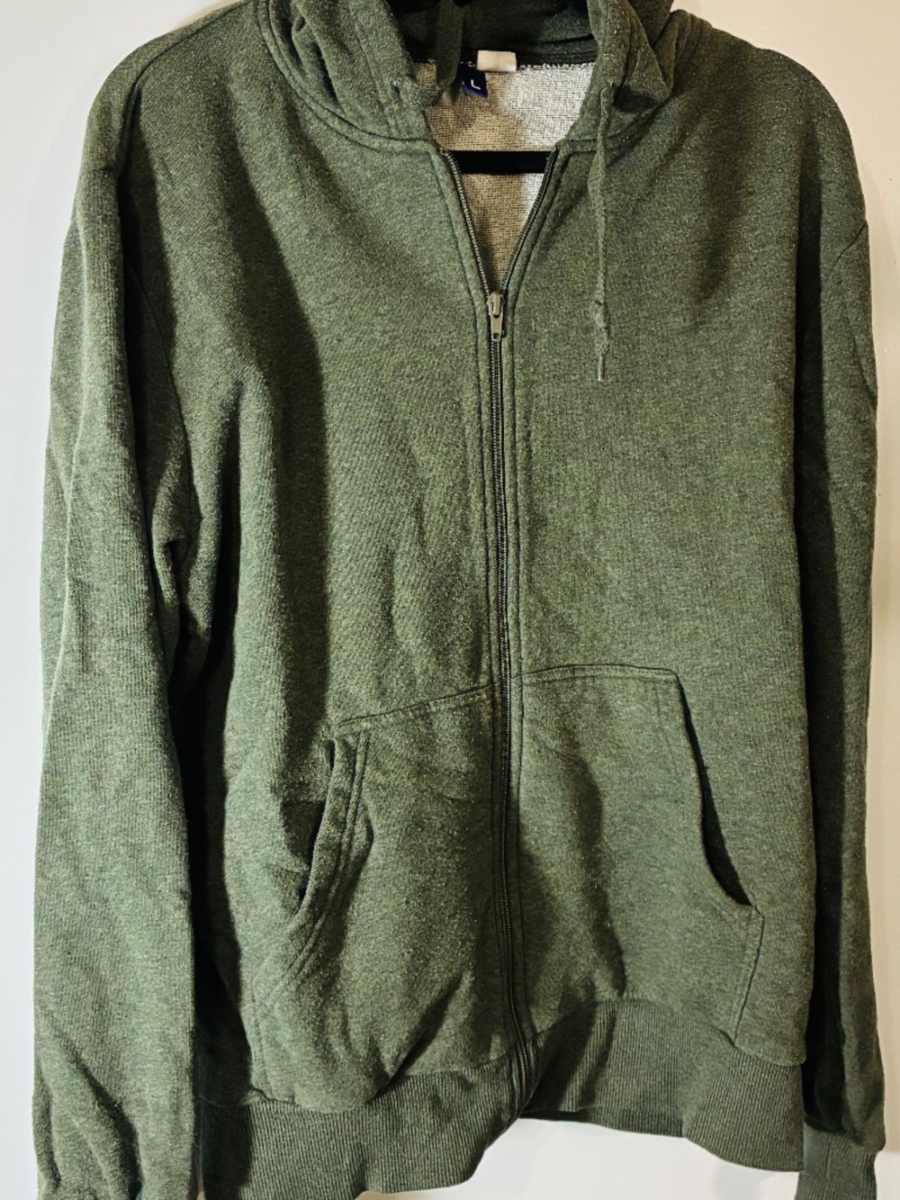 H&M DIVIDED MENS HOODIE KNIT SWEATER FRONT ZIP ARMY GREEN SZ L  LONG SLEEVE